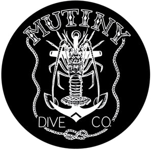 round black and white MutinyDiveCo logo with a lobster over an anchor with a rope border.