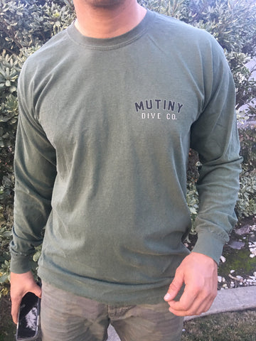 The front of the long sleeve Mutiny Guage Tee in olive drab.