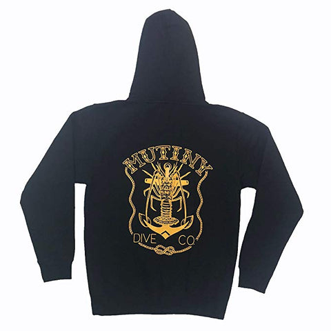 This is the back of th MutinyDive Co Pull-over hoodie in black and gold.