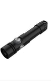 black waterproof dive flashlight with a silver button on a white background